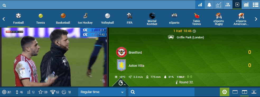 A 1xbet conta com um sistema de livestream para assistir a futebol ao vivo