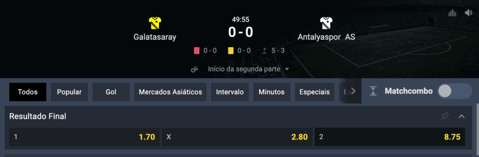 Exemplo de odds numa aposta esportiva online